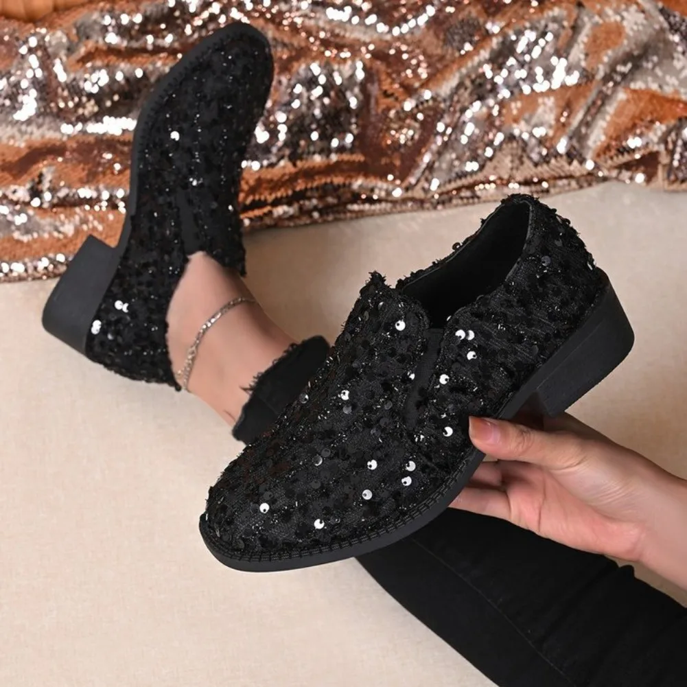 2025 New Women's Shoes Autumn Sequin Cloth Low Heel Single Shoes Deep Mouth Soft Sole Non-slip Block Heel Women Shoes