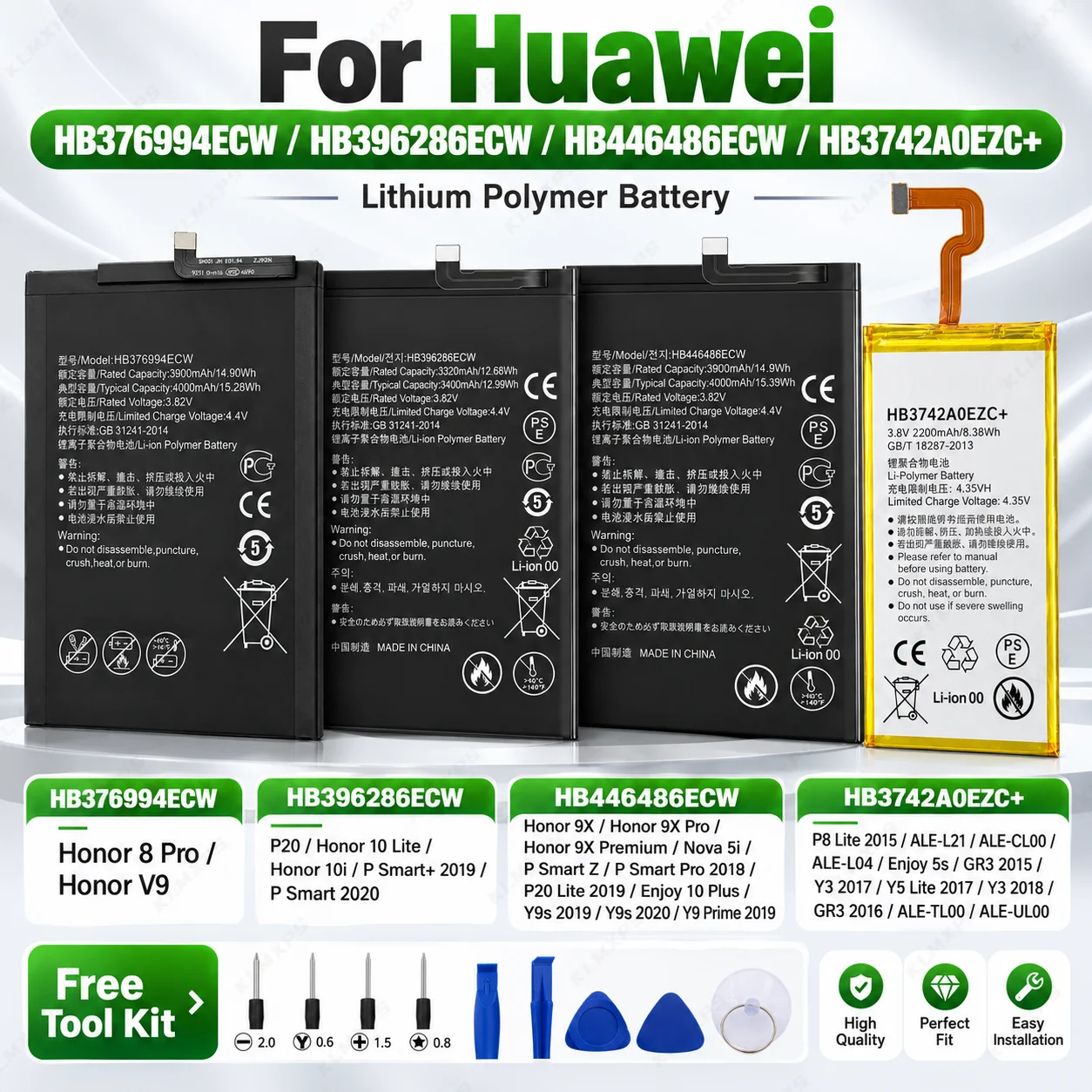 Replacement Phone Battery HB396286ECW HB446486 HB376694 For Huawei Honor 10 20 Lite V9 Enjoy 9S 9X Pro 8 Pro P8 Lite