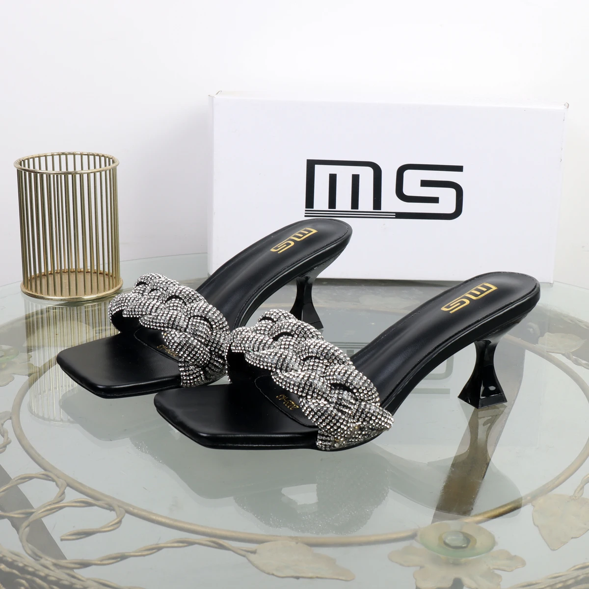 

Black high heeled slippers 2026 summer square toe high heeled stilettos with rhinestone woven fashion women's shoes luxurious