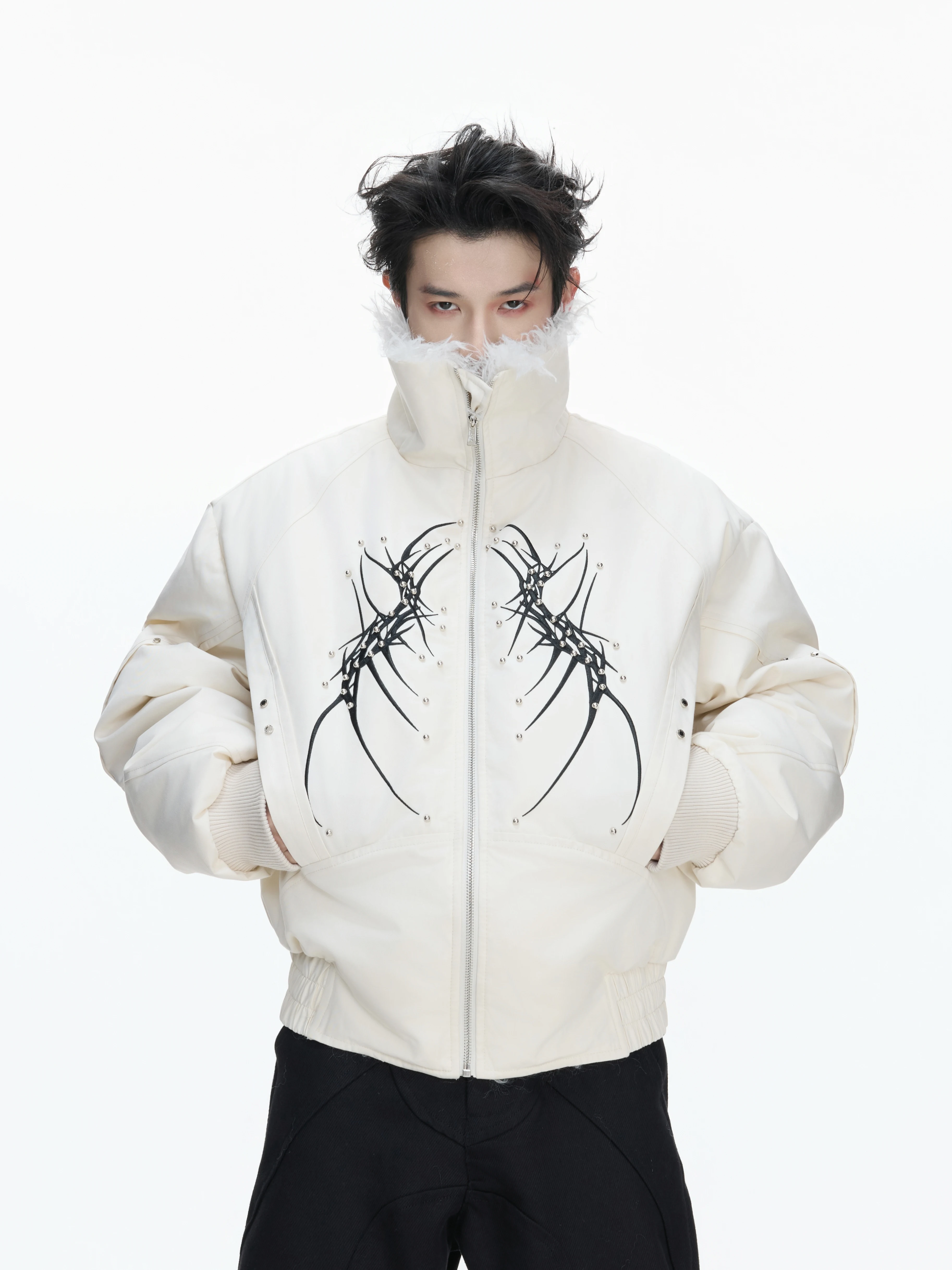 ArguECulturE Embroidered Fleece Lined Thickened Short Wide Cotton Jacket Metal Decorated Loose Fit Warm Youth Fashion City Style