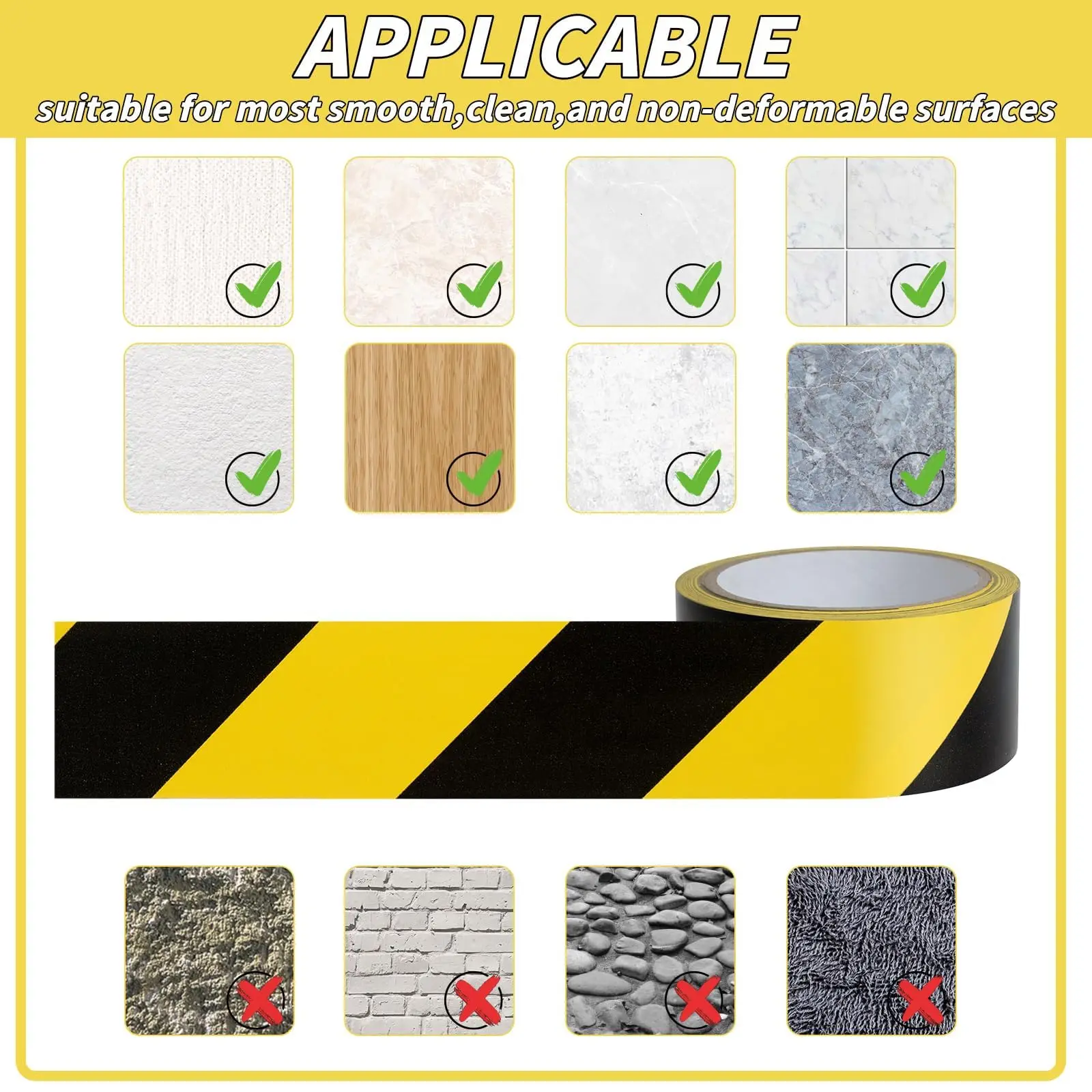 شريط تحذيري احترافي أصفر وأسود PVC 4.8 سم × 16 م/33 م علامات أرضية للبناء والسلامة من الحرائق