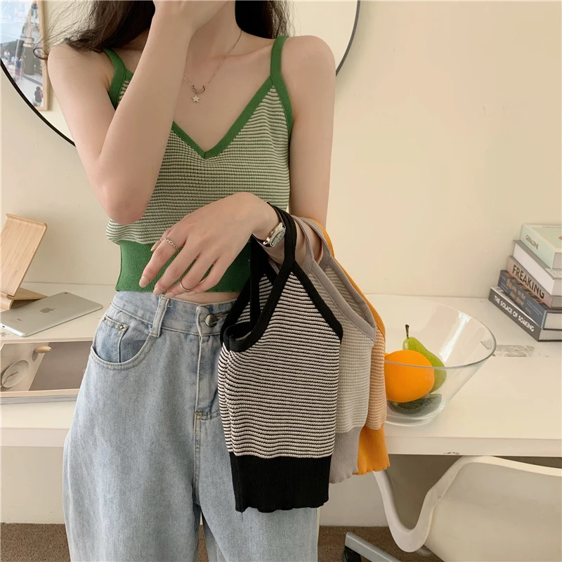 V-neck Knitted Sleeveless Top Thin Vest Knit Sweater Women Sexy Slim Camisole Female Women Clothing Summer New