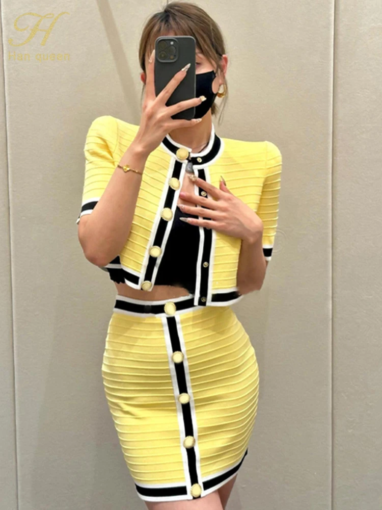 

H Han Queen Summer New Skirt Suit Party Short Sleeves Knitted Cardigan Top + Slim High Waist Skirt Women Outfits 2-Piece Set