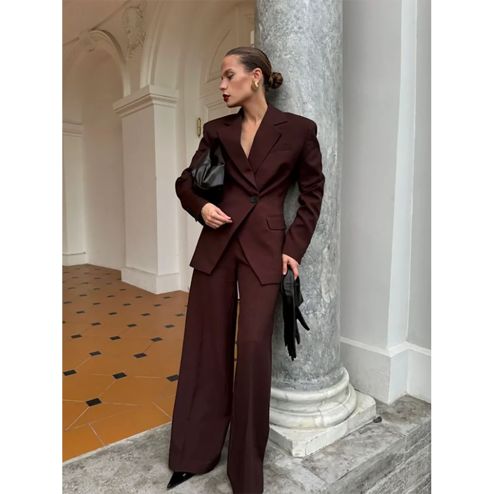 Fashion Dark Brown Single Button Women Pants Set New Female Two Pieces(Blazer+Trousers) conjuntos femininos elegantes