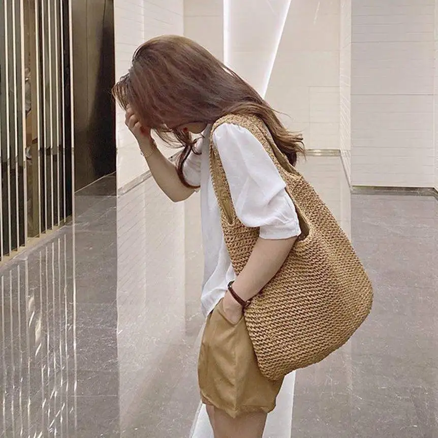 

Large Capacity Straw Bag Shoulder Crossbody Basket Weave Canvas Beach Bag for Women Summer Vacation Casual Style Handbag