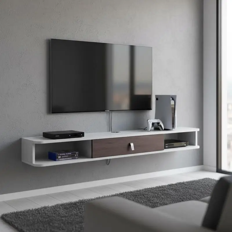 Wall Mounted Media Console 55 Inch For Living Room Bedroom Media Room, Cable Management Integrated Storage Cabinet Particle Board Construction White Finish