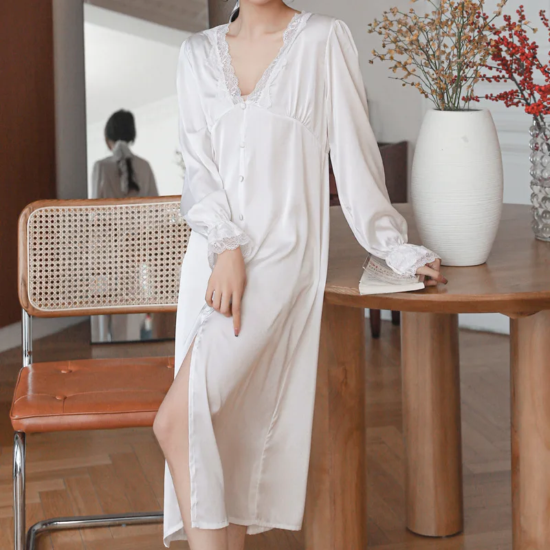 Sexy Lace Trim V-neck Nightgown Bathrobe New Rayon Female Nightdress Sleepshirt Elegant Palace Style Princess Sleepwear Homewear