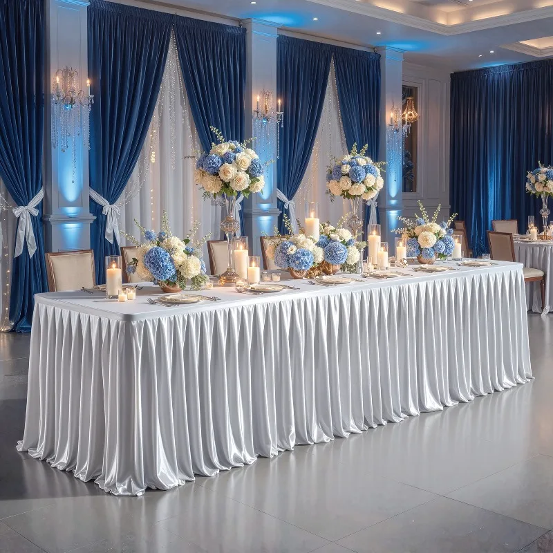 4/6/8FT Satin Table Skirt Rectangle Ruffle Silk Table Cloth for Wedding Birthday Party Baby Shower Banquet Cake Table Decoration