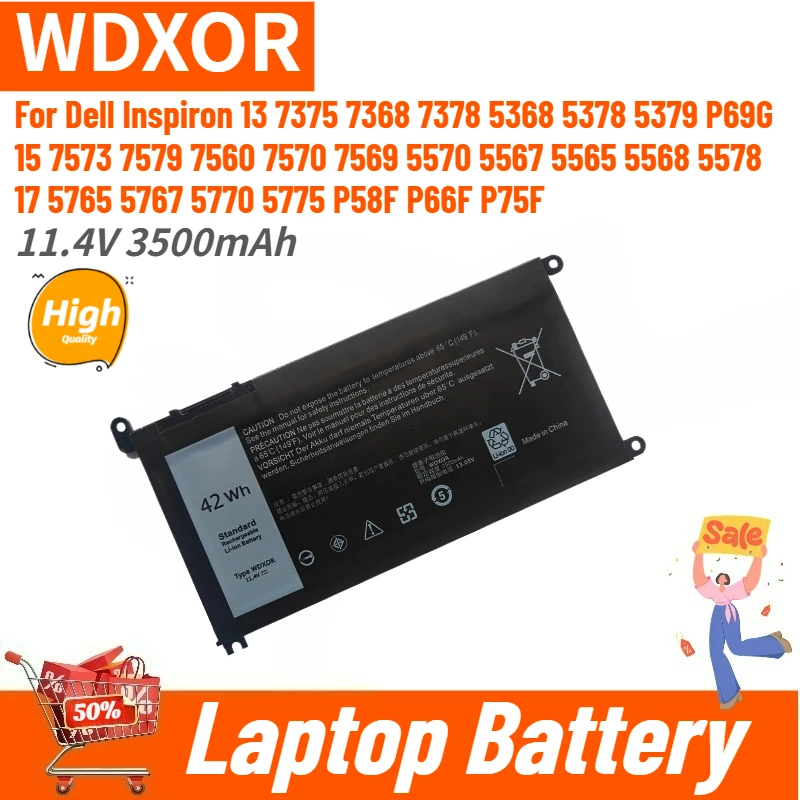 

High Quality WDXOR Laptop Battery 11.4V 3500mAh for Dell Inspiron 17 5765 5767 5770 13 7375 7368 7378 15 7573 7579 7560 New