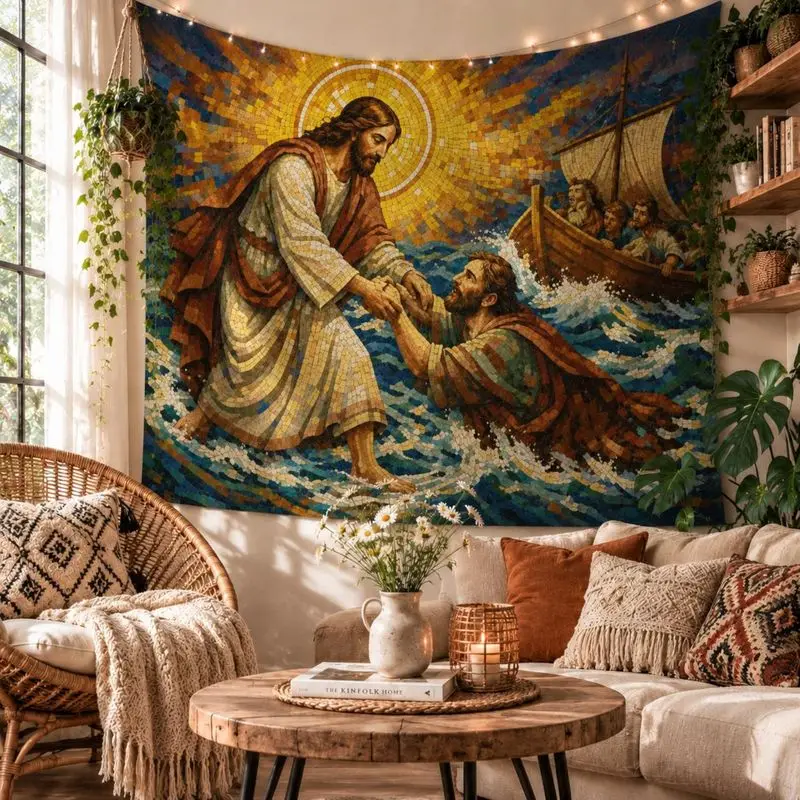 VIKAMA Wall Tapestry Religious Mosaic Art Jesus Walking on Water Boat Mural Wall Hanging Home Decor Living Room Bedroom Soft