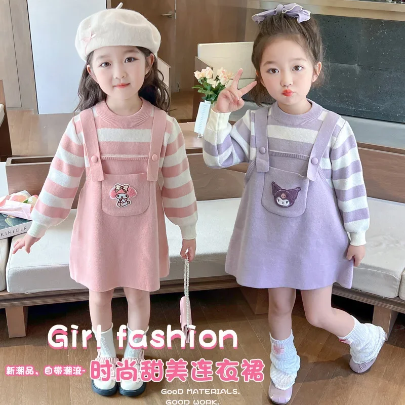 Spring Autumn Kawaii Sanrio Anime Kuromi Sweater Long Sleeve Dress Cute Cartoon My Melody Princess Skirt Clothing Gifts Toys