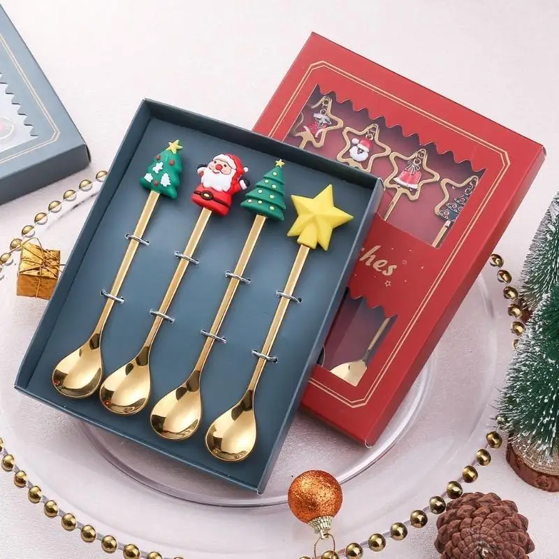 4pcs/set Christmas Spoon Forks with Gift Box Xmas Pendant Stainless Steel Coffee