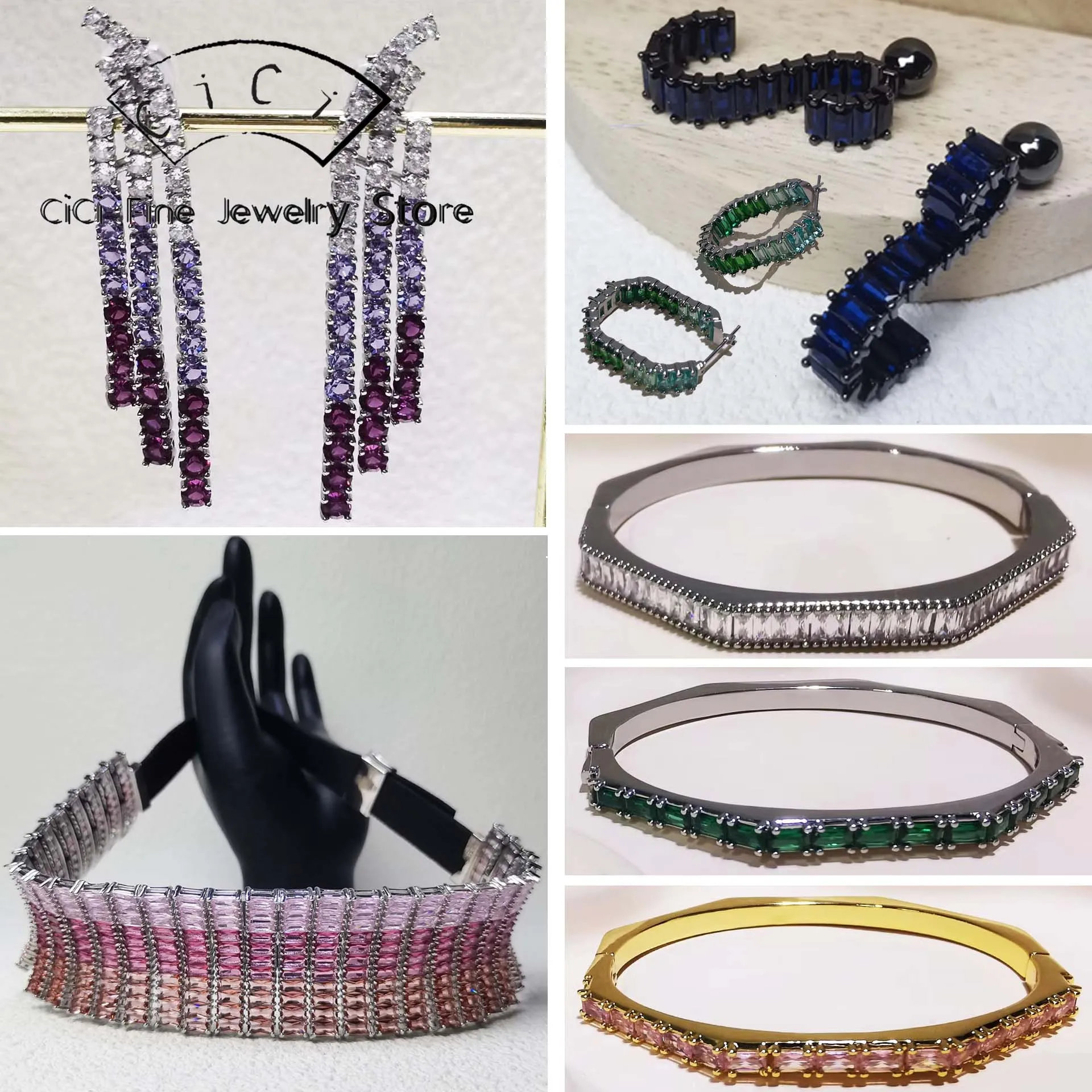 

2025 Luxury Sparkling Geometric Earrings Women's Jewelry Set Fashion Stainless Steel Baguette Cut Crystal Earrings Bracelet Ring