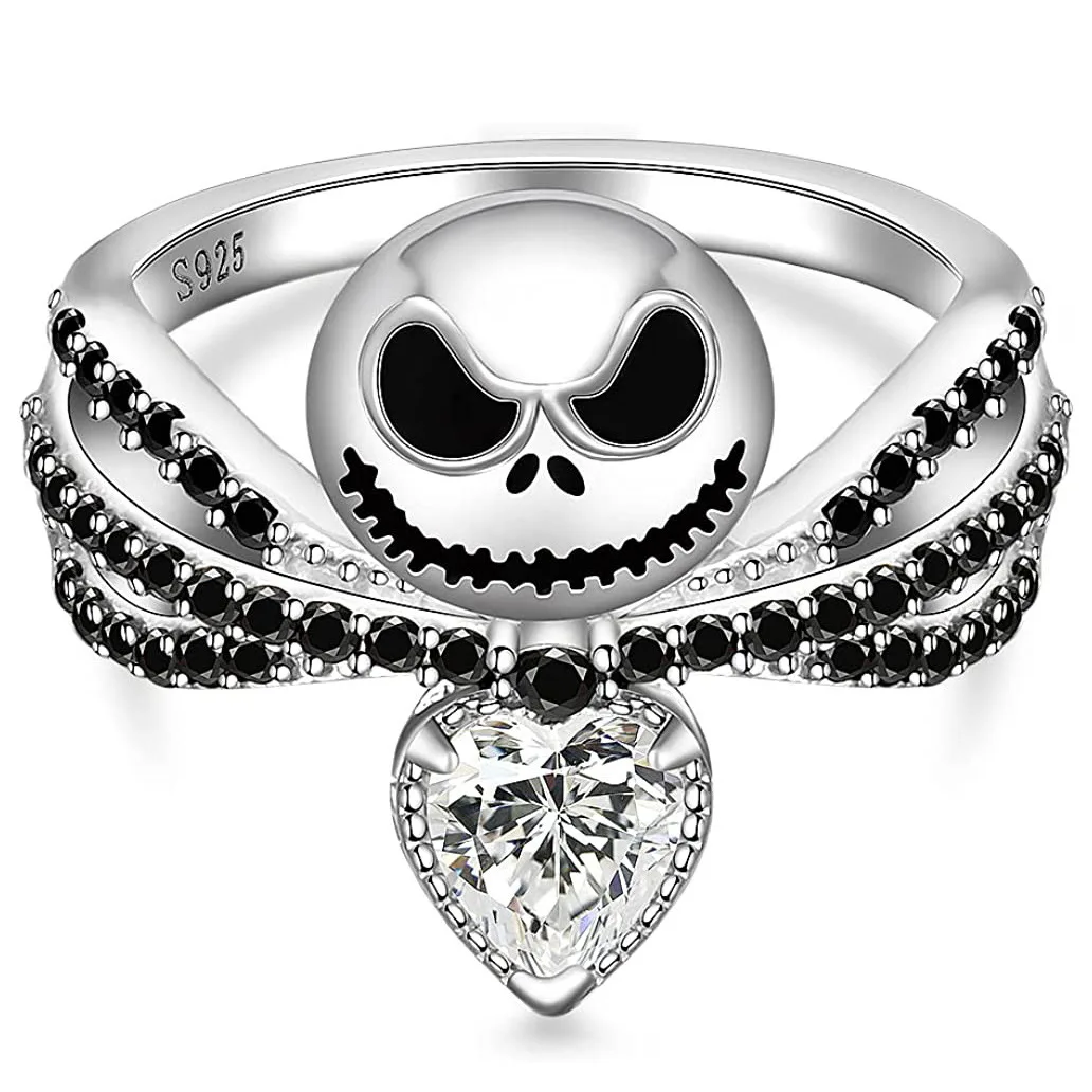 Disney Movie The Nightmare Before Christmas Jack Skull Ring Black Enamel Crystal Charm Rings Halloween Jewelry Gifts For Women