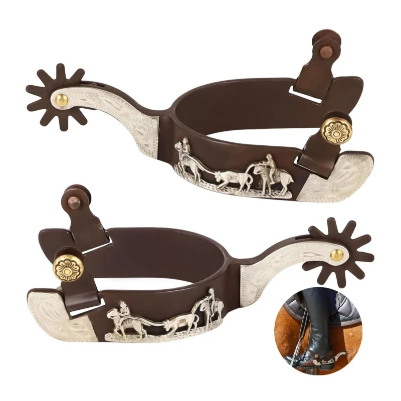 2 Pcs Western Spurs Boot Spurs with Turnable Gear Antique Copper and Brass Design with Trims Retro Low Carbon Steel Horse Spurs