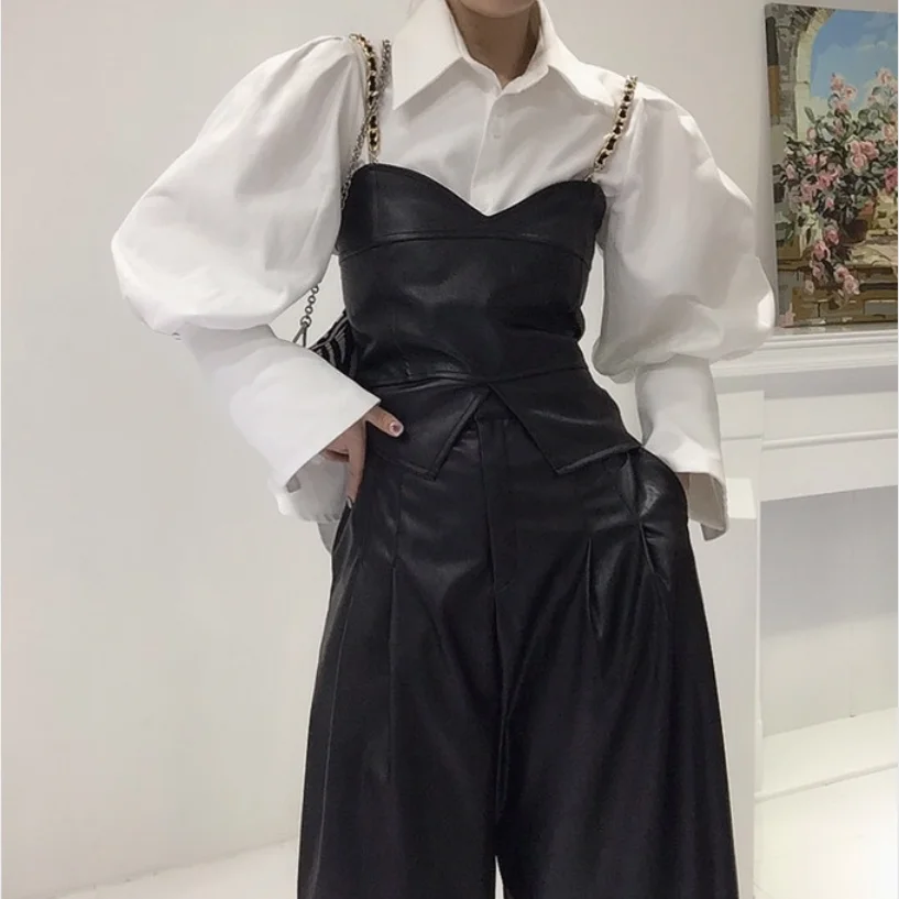

Chic Long Sve irt Top PU Leather Outerwear Layering Design Unique Vest Two-Piece Set Women Faionable Versatile Outfit