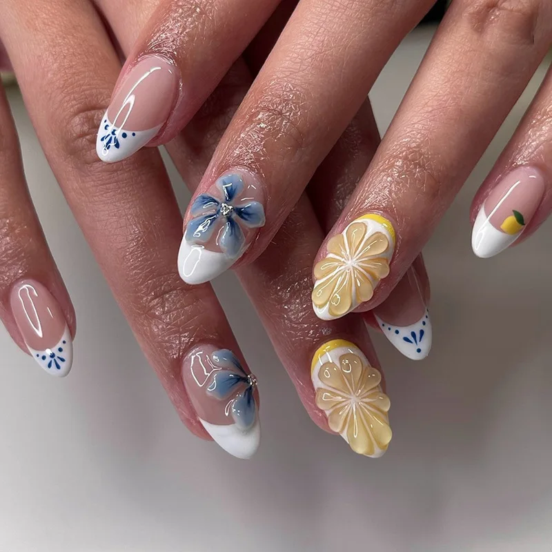 

24 Pcs Nail Tips 3d Blue Flower Press on Nails French Short Almonds False Nails with Design Cheap self-adhesive Sticky Nails Set