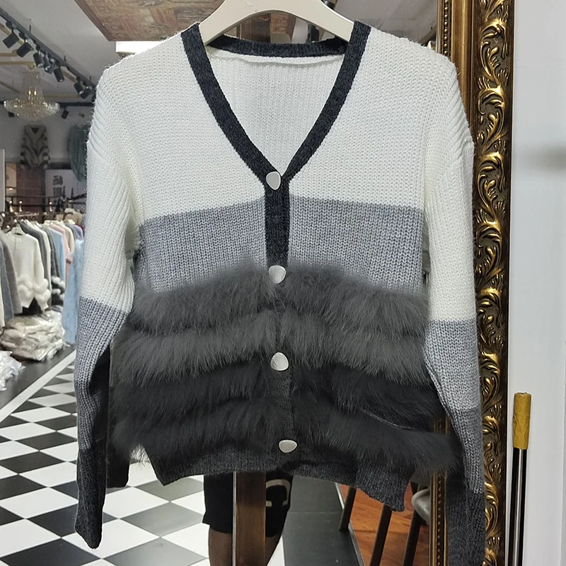 여성 니트 카디건 리얼 폭스 모피 긴 소매 패션 v 넥 가을 니트 패션 여성 카디건 스웨터