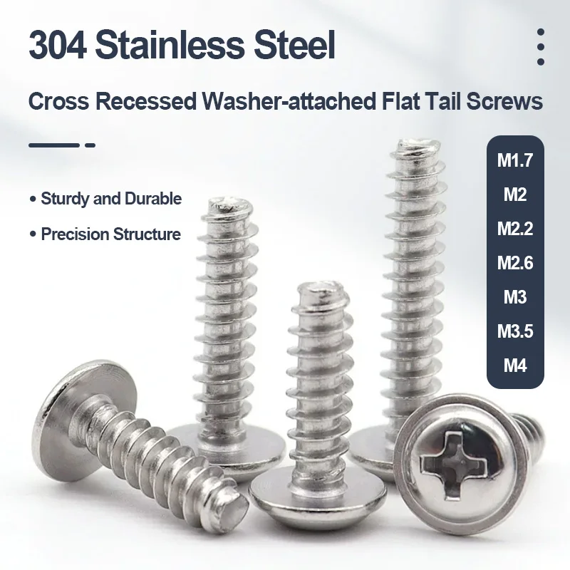 304 Stainless Steel PWB Flat Tail Self-tapping Screws Round Head Integrated Washer M1.7-M4 3-20mm Precision Electronic Fastener