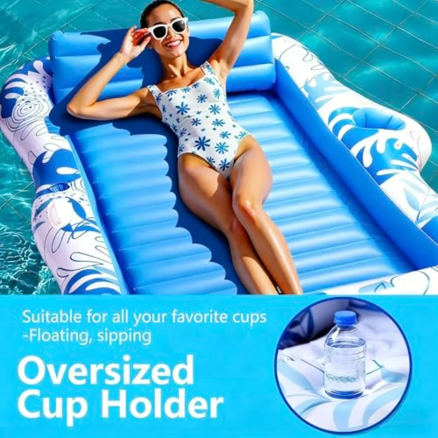 Inflatable Tanning Pool Lounger Float for 2 Person, Extra Large Floating Lounge Chair with Cup Holders, 2-in-1 Sunbathing Raft