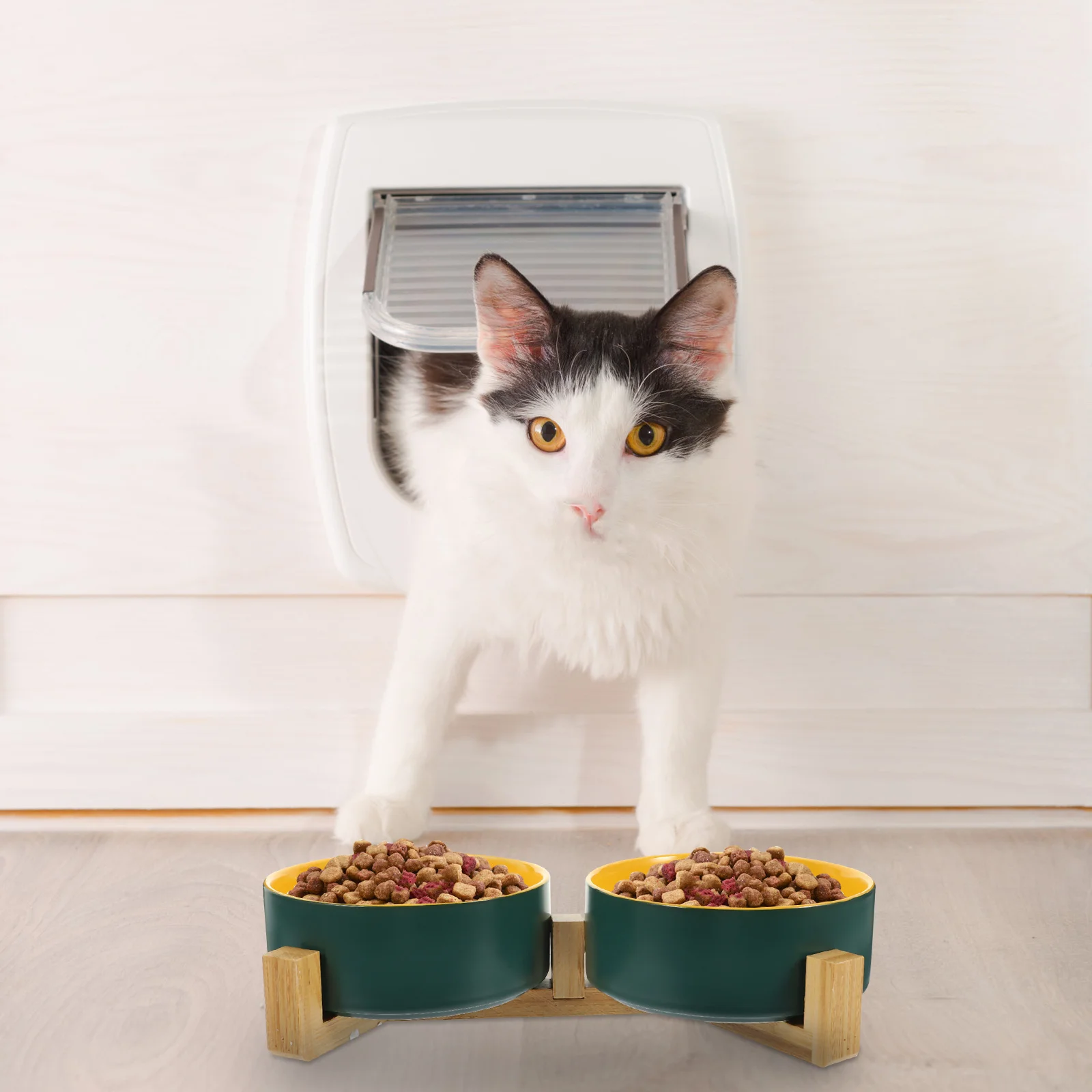 

1Set Dual Color Ceramic Cat Bowl Anti-Slip Design Wooden Stand Easy Clean Pet Feeding Accessory Kitten Supply Ceramic Pet Bowl