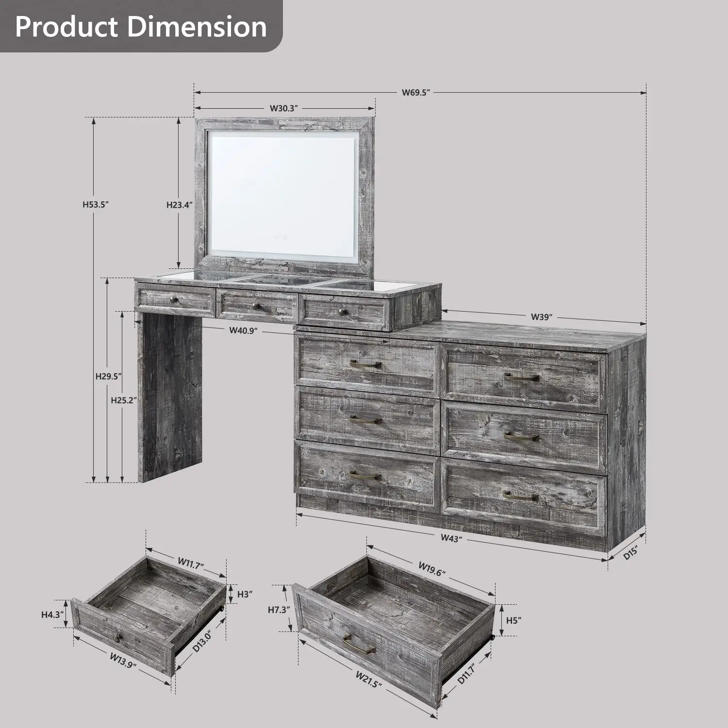 Farmhouse Vanity Desk Glass Top 9 Drawers Wood Makeup Table Storage Dressing Table LED Mirror 3 Color Light, Customized