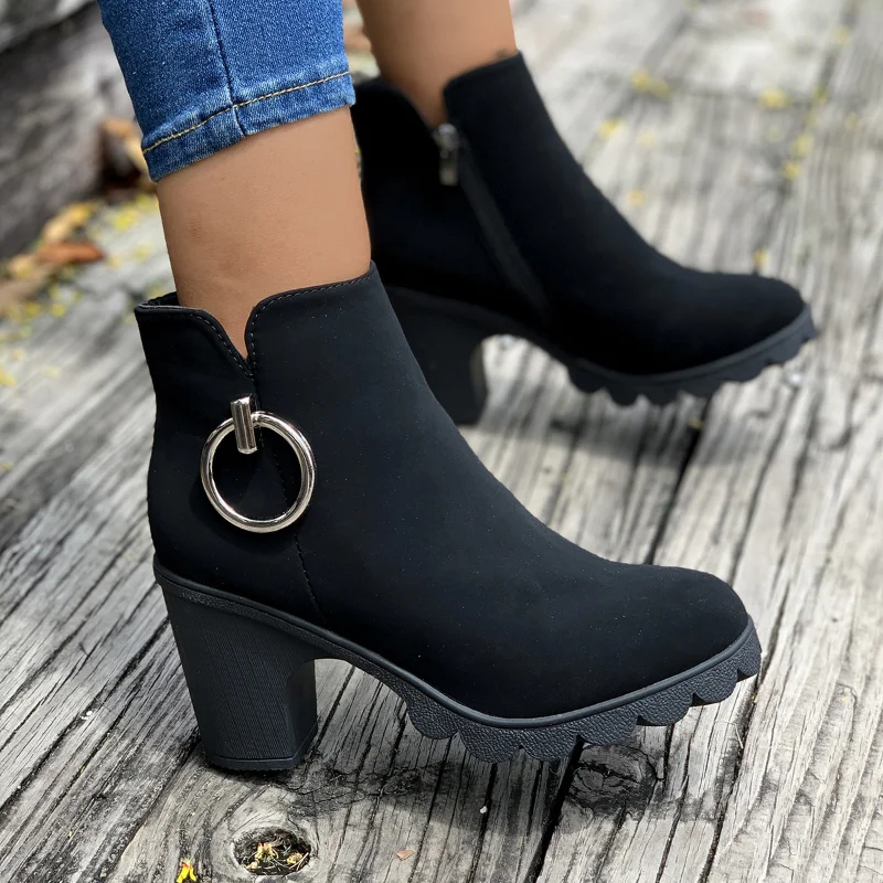 Woman Ankle Boots Spring Autumn Pointed Toe Low Heel Single Boots Black Heeled Suede Thick Heel Black Short Boots Big Size 42