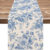 Chinoiserie Blue Flower Linen Table Runner Dresser Scarf Decor Reusable Kitchen Dining Table Runner Holiday Party Decorations