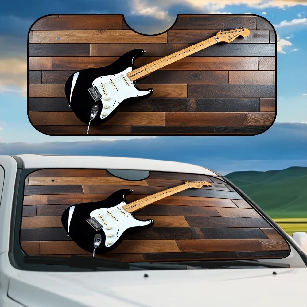 

1pc Vintage Guitar Wooden Wall Print Car Sunshade, Foldable Polyester Sun Visor For Windshield, Ideal For Commuting, Road Trips,