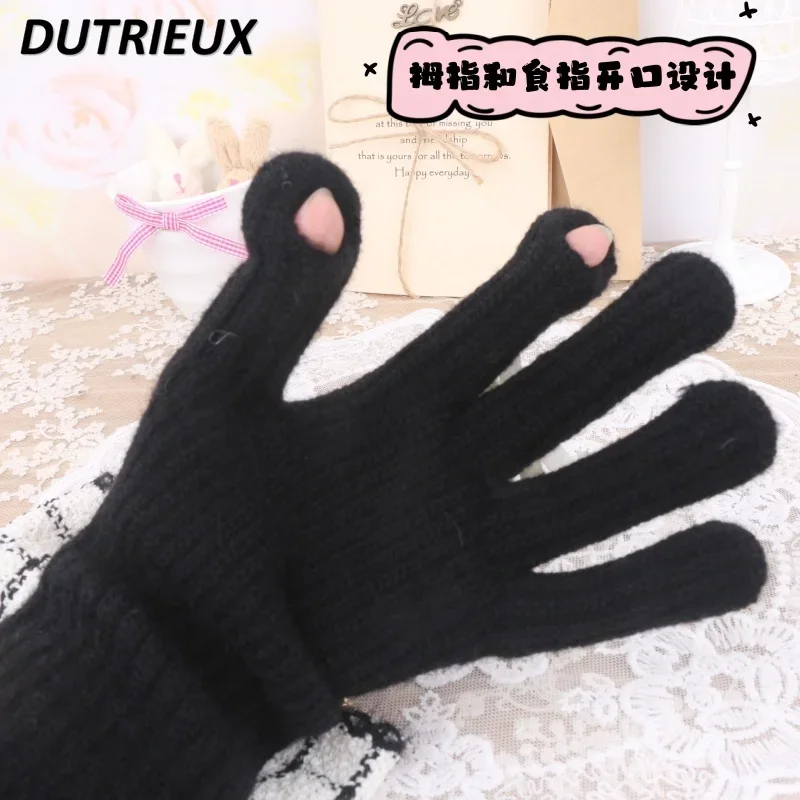 Big Bow Beaded Wool Knitted Autumn Winter Sweet Cute Middle Opening Can Touch Screen Split Finger Gloves for Women Fashion