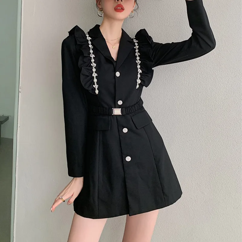 French Design Sense Suit Dress Bright Flash Decoration Tight Waist Small Suit Dress Early Spring Jacket Single-breasted Belt