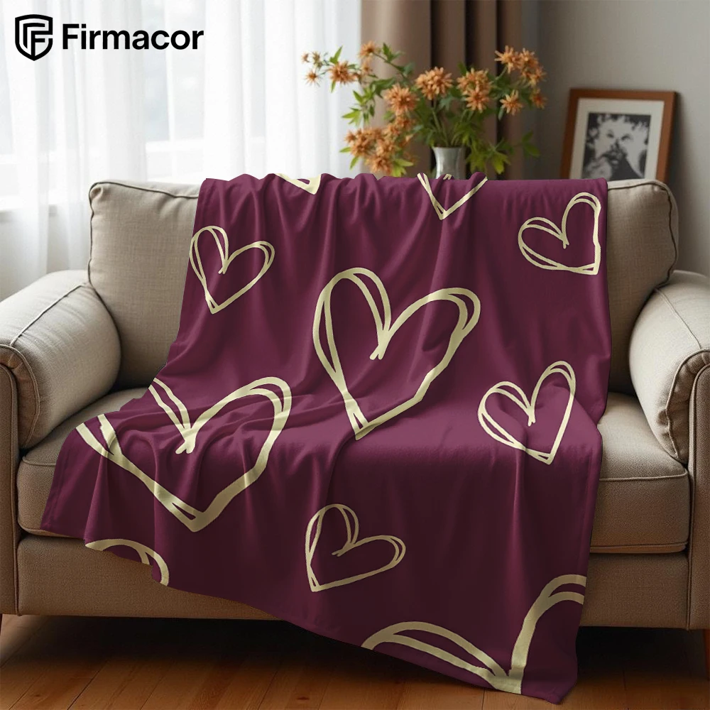 Christmas Throw Blanket - Burgundy Sketch Hearts Lightweight Microfiber Soft