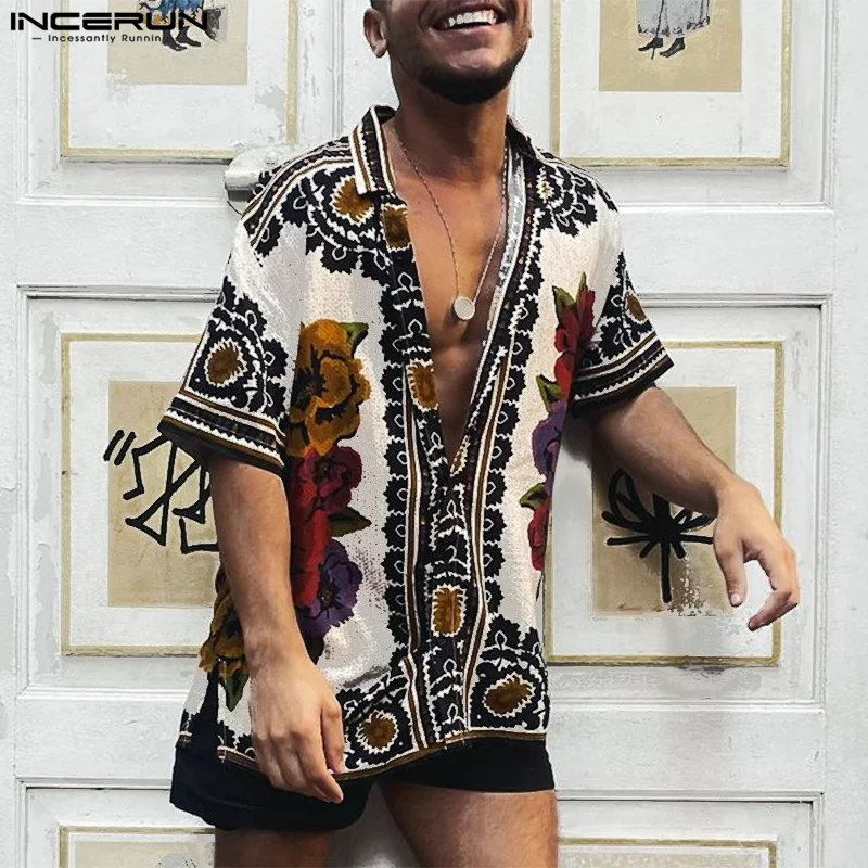 INCERUN-Camisa casual com impressão masculina, manga curta, botão de lapela, roupas de verão, férias, streetwear vintage, £ 7, 2023