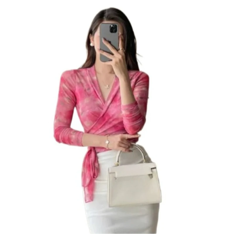 Autumn and Spring Charm Women's Sheer Mesh Printed V-Neck Long Sleeve Shirt with Cross Tie Waist Cinching Slim Fit Thin Style