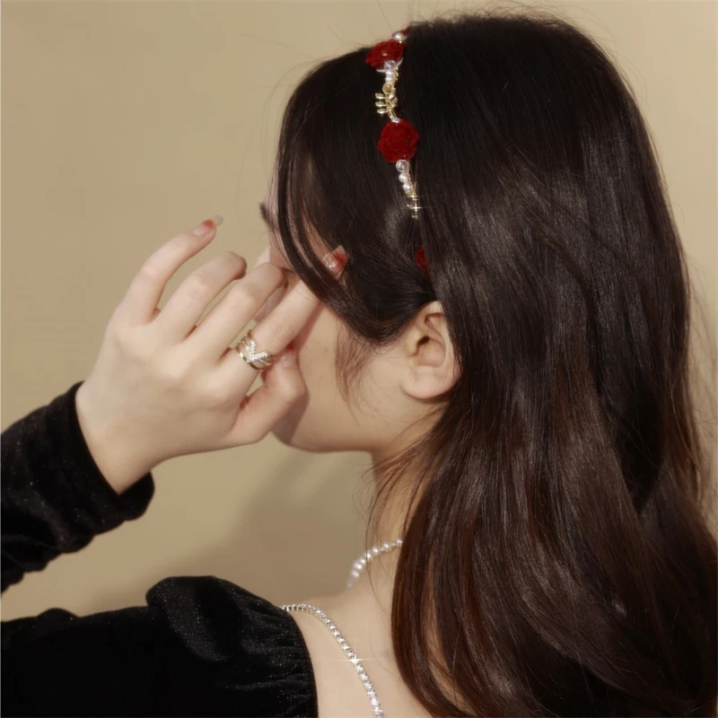 Elegant Rose Hair Band Vintage Rose Pearl Headband Women Hairhands Sweet Girl Bride Head Hoop Jewelry Wedding Hair Accessories