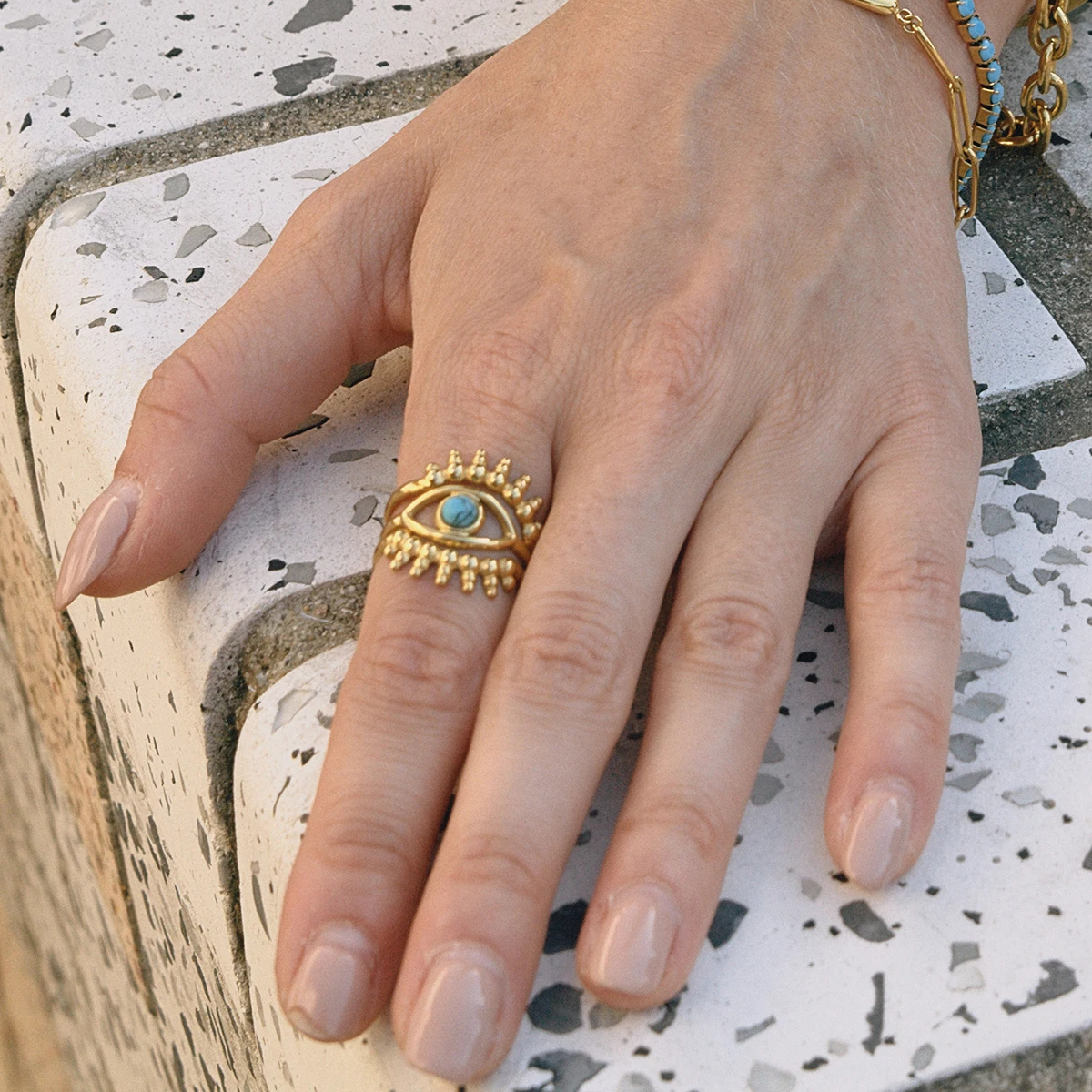 

AIKOER Vintage 3pcs Blue Turquoise Devil's Eye Ring 18K Gold Color Plated Stainless Steel Stackable Ring Women's Jewelry