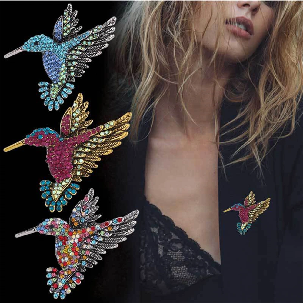 Broche de alfiler de animales para mujer, broches de colibrí de diamantes de imitación coloridos, accesorios de ropa de moda, abrigo de fiesta, bufanda, joyería