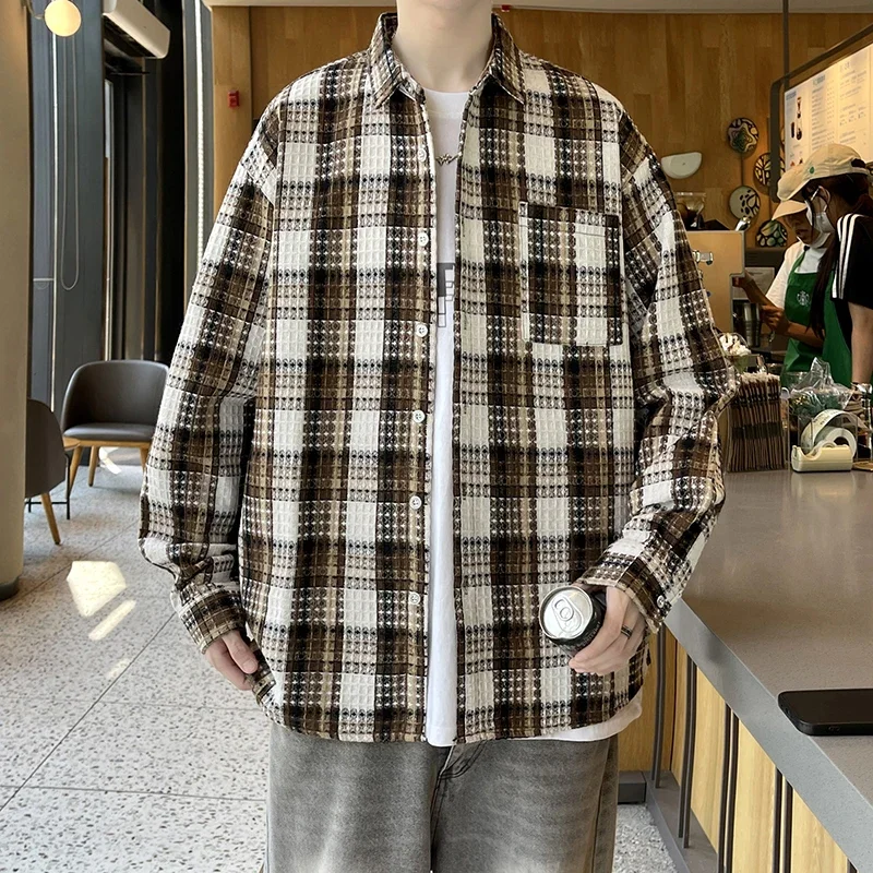 Vintage Long-sleeved Men Woolen Shirt Autumn Spring Hip Hop Baggy Cargo Plaid Men's Shirts High Quality Casual Mens Clothing 5XL