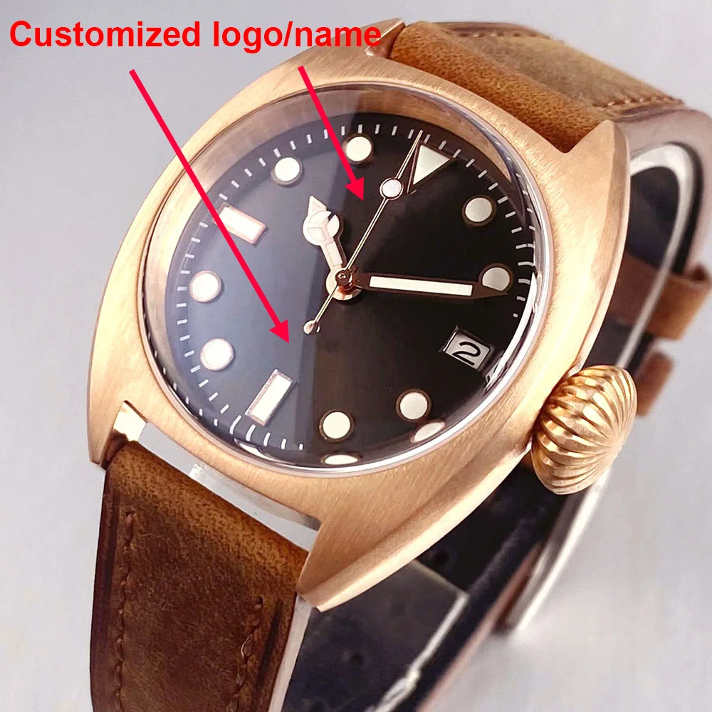 Customized CUSN8 Bronze Retro Bubble Sapphire Glass Grey Diver WristWatch Military 36mm 20ATM Automatic NH35A Mechanical Watch