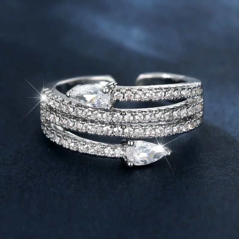 2026 New Multi Row Exquisite Zircon Water Droplet Opening Ring Integrated Stacking Design, Light Luxury Shiny Fashion Accessory