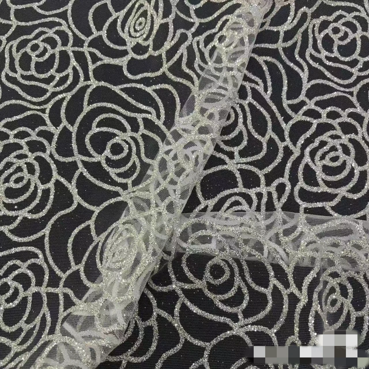 1.5M Wide Allover Rose Flowers Netting Tulle Mesh Silvery Glitters Fabric Shiny Shimmer Sparkle Lace Wedding Gown Fabric 2025