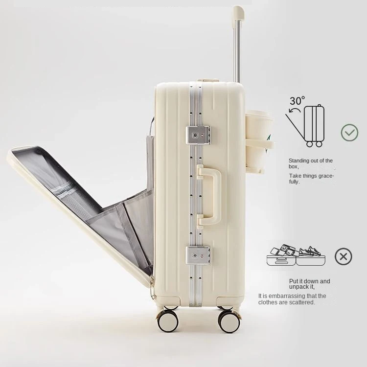 Maleta de viaje de 20, 22, 24 y 26 pulgadas con marco de aluminio, cubierta frontal abierta, con portavasos, caja de embarque, equipaje rodante