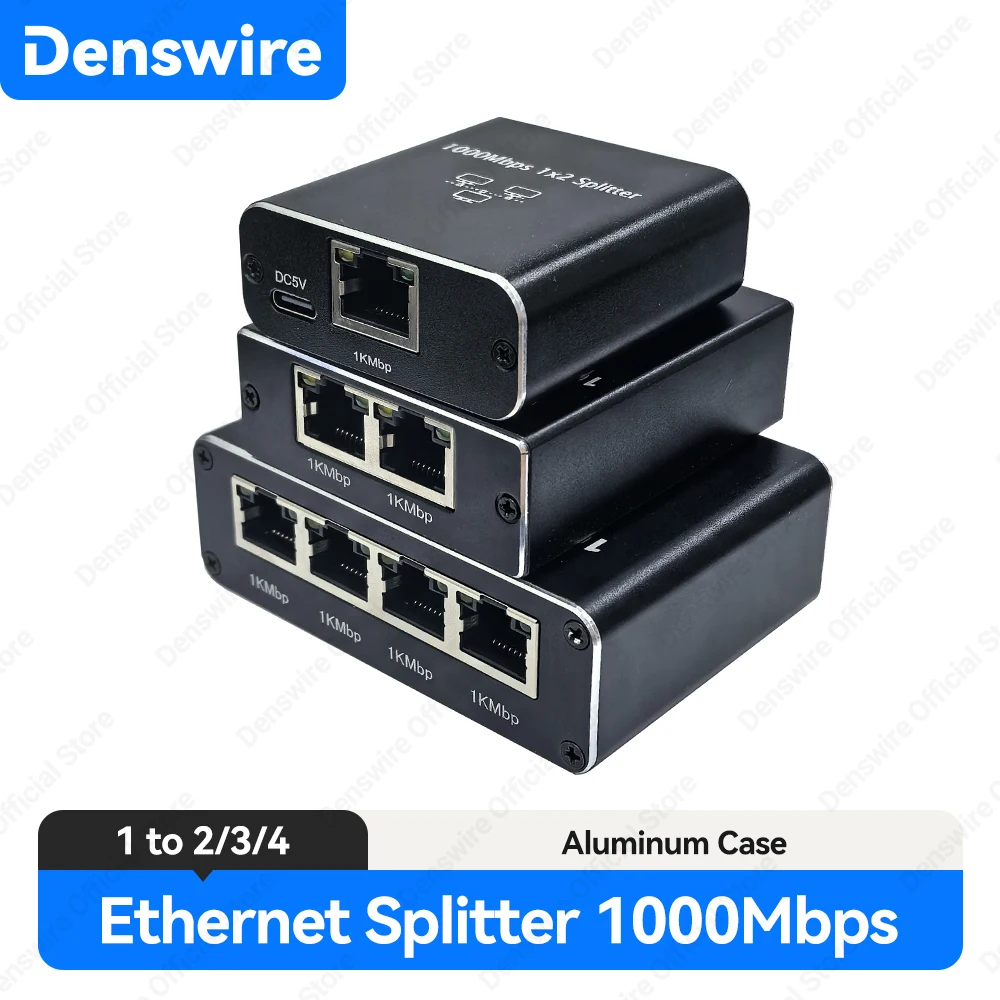 Denswire Gigabit Ethernet Splitter 1 to 4 RJ45 Internet Adapter 1000Mbps for Cat 5/6/7/8 Cable Devices Networked Simultaneously