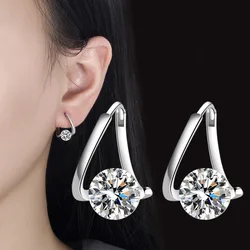 New 925 Sterling Silver Zircon Crystal Earrings Simple Geometric Design Engagement Jewelry Gift for Women