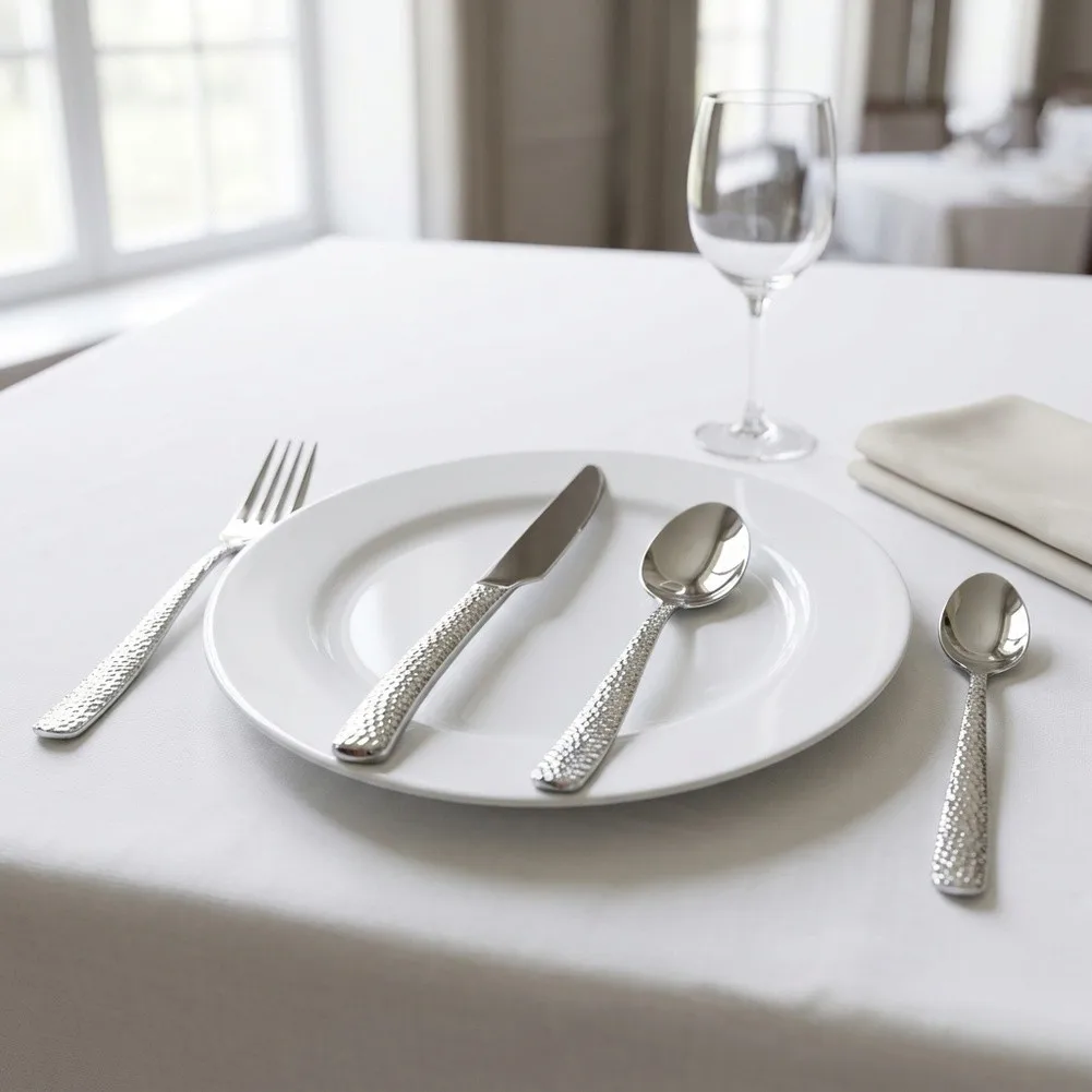 Polished Stainless Steel Cutlery Set 4-Pc Designed with Non-Slip Hammered Handles for Reliable Daily Functionality