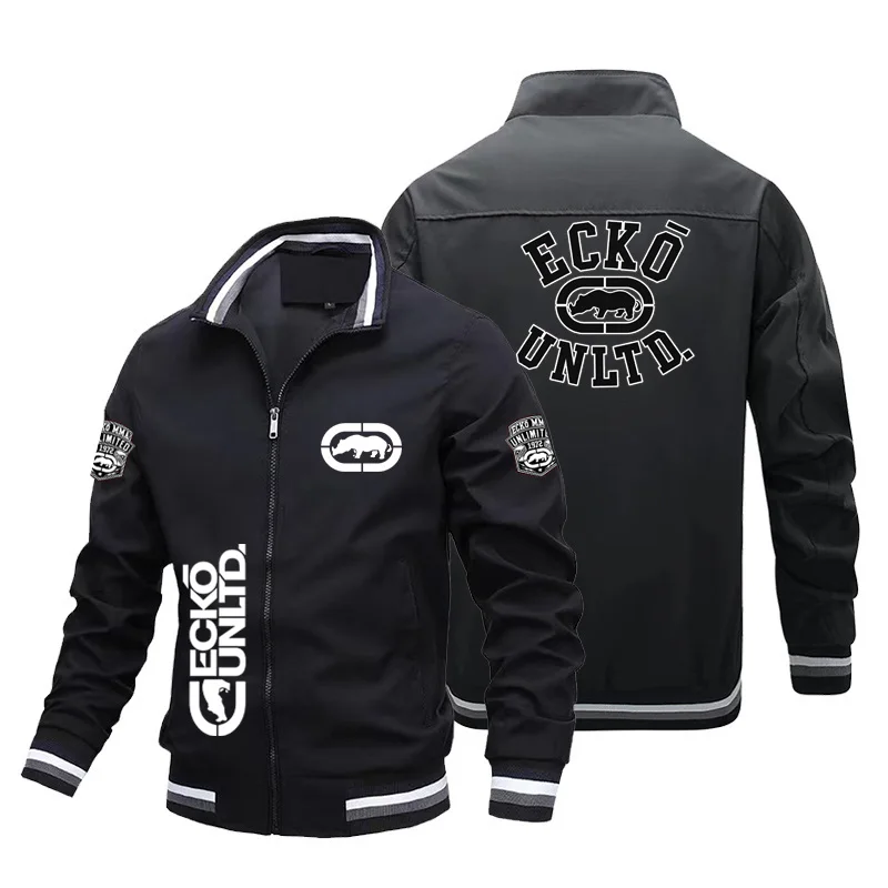 Men Striped Rib Stand Collar Bomber Jacket Ecko Unltd Rhino Multi Print Zipper Coat Y2K Hip Hop Streetwear Male Casual Windbreak