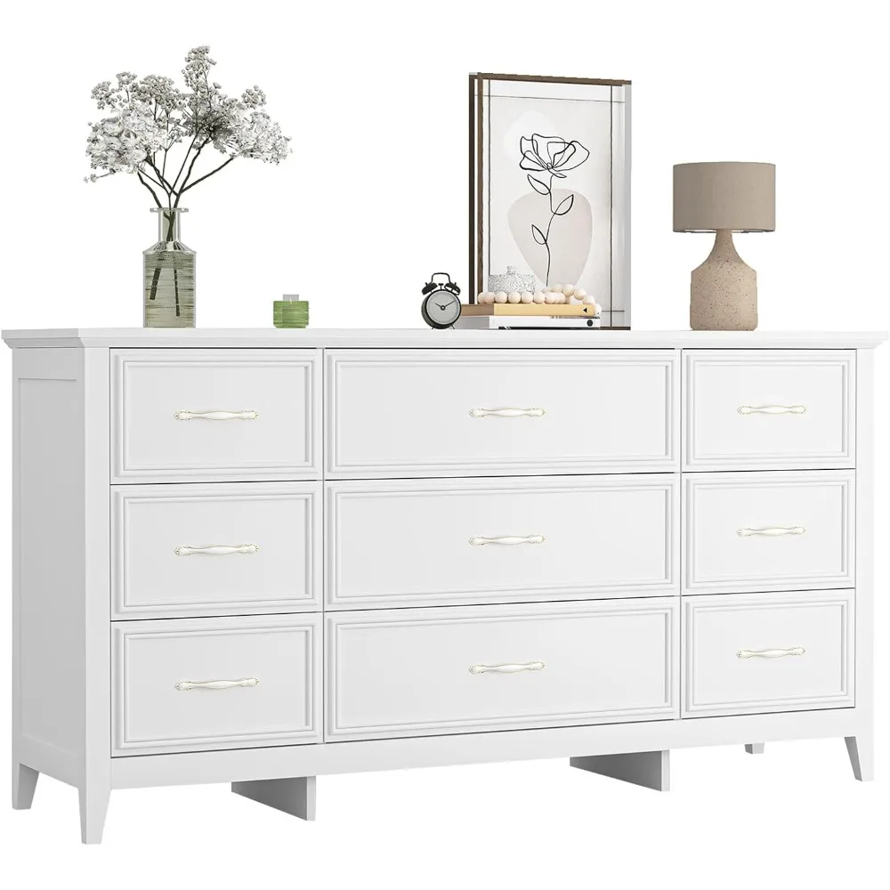 

Farmhouse 9 Drawers Dresser, 59" Long Wooden Dressers & Chests of Drawers with Antique Handles, Wide Storage Dressers Organizer