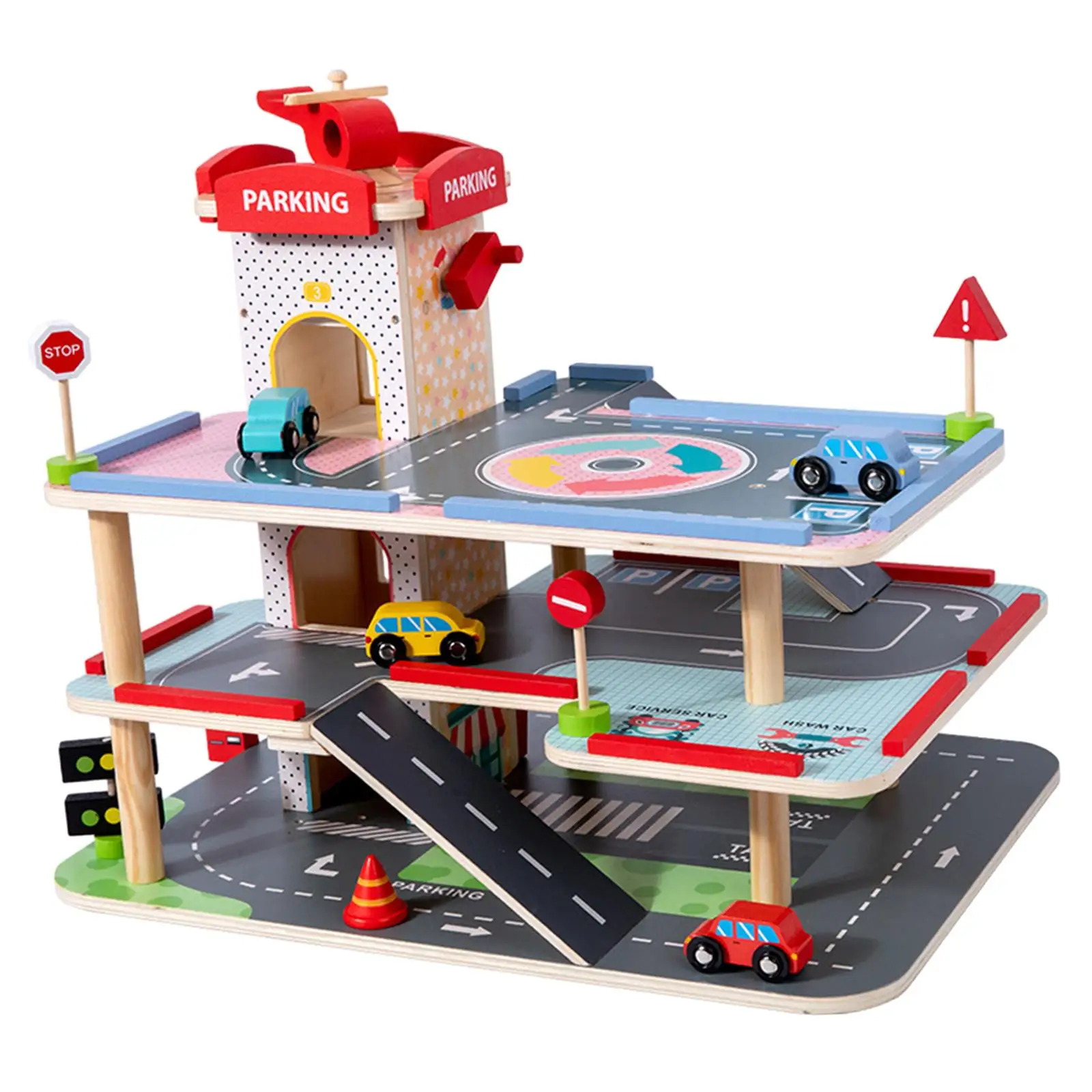 Wood Parking Garage Playset Educational Toy 3 Level Race Track Car Toy for Party Toy Kids Age 3 4 5 6 Year Old Boys Girls