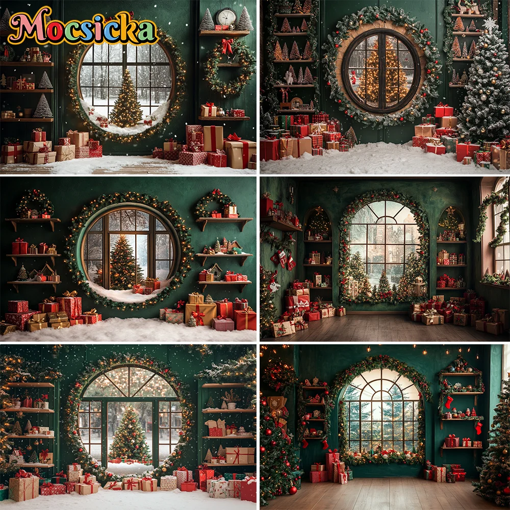 

Indoor Christmas Decorations Backdrop Arched Windows Wreath Xmas Gifts Baby Shower Family Portraits Backgrounds For Photographs