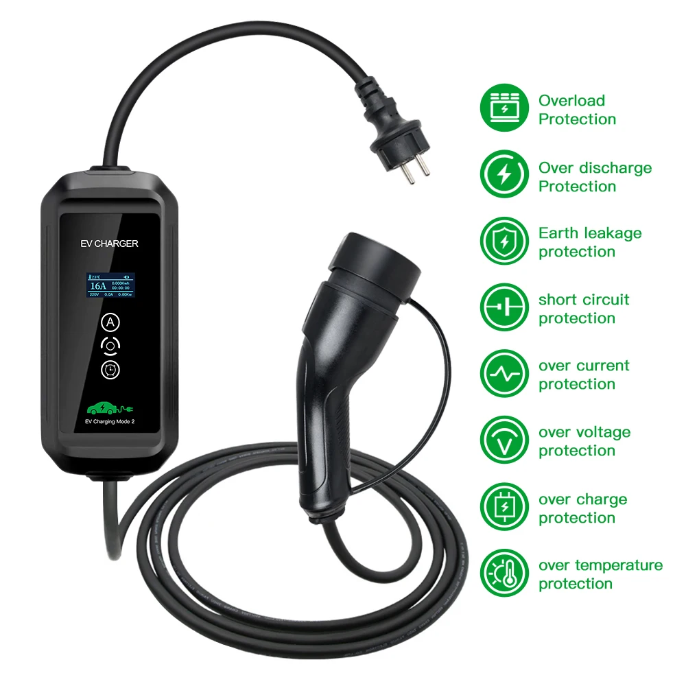 Portable EV Charger Type2 IEC62196-2 16A 3.6kw EVSE Charging Cable Type1 SAE J1772 EU Plug  Wallbox for Electric Car 5M